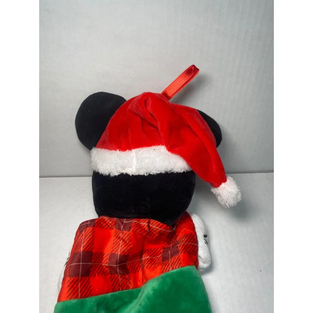 Disney Mickey Mouse Plush Christmas Stocking Jingle Bell Fun Green Red Plaid 18